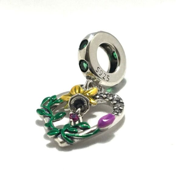 Sterling Silver 925 Charm Daffodil Flower Heart CZ Green Enamel For DIY Bracelet - Picture 3 of 9